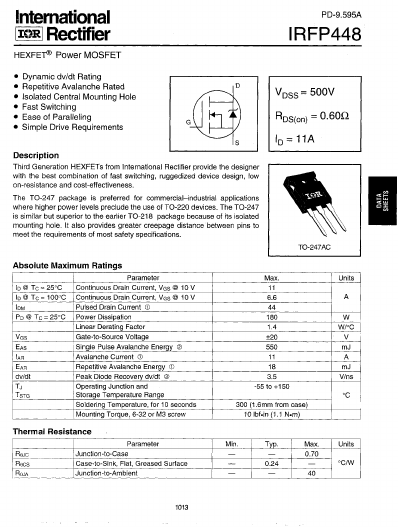 <?=IRFP448?> डेटा पत्रक पीडीएफ