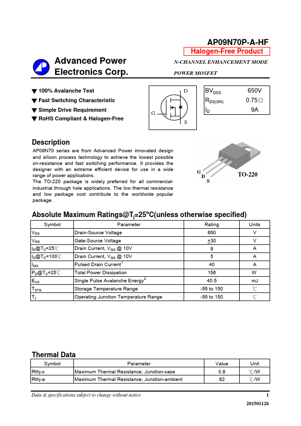 AP09N70P-A-HF Advanced Power Electronics