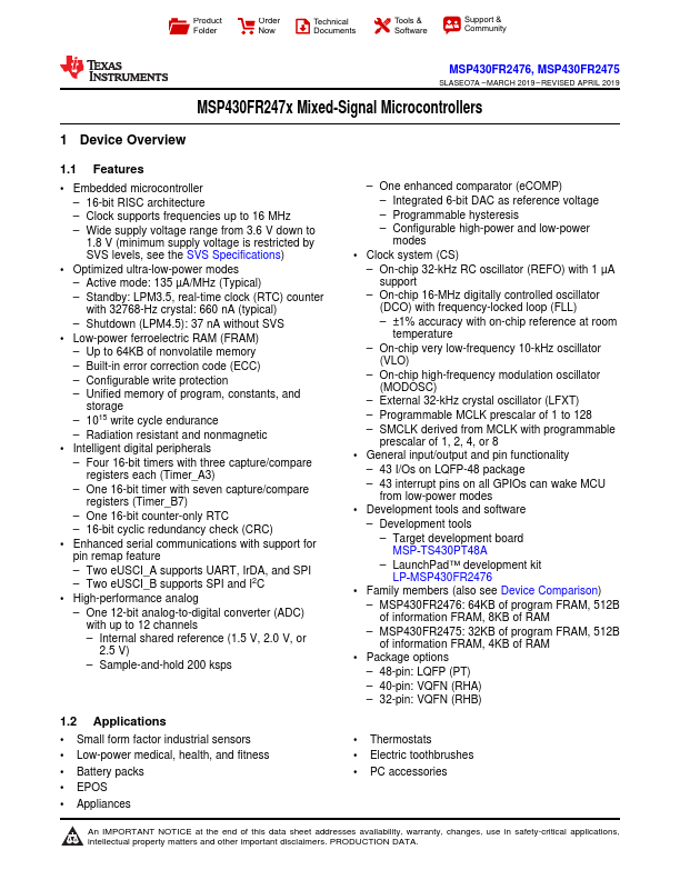 <?=MSP430FR2476?> डेटा पत्रक पीडीएफ