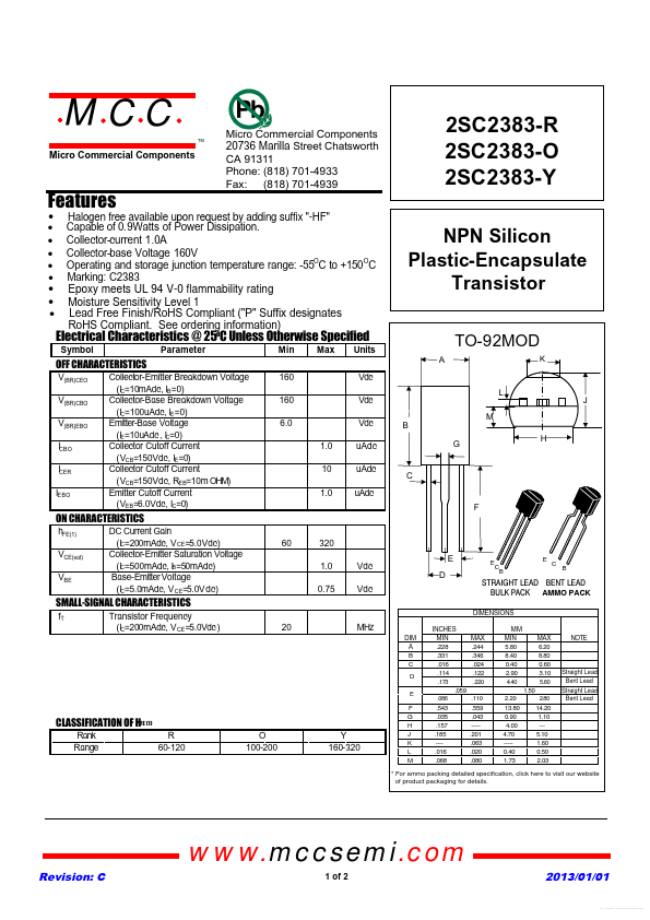 2SC2383-O Transistor Datasheet pdf - NPN Transistor. Equivalent, Catalog