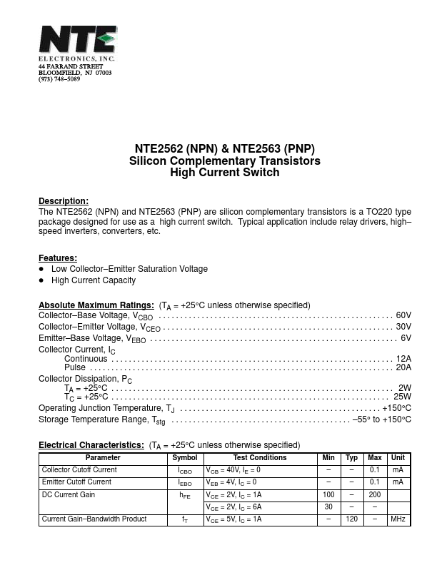 <?=NTE2563?> डेटा पत्रक पीडीएफ