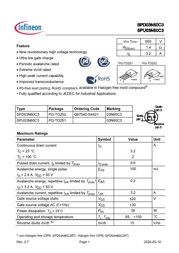 SPU03N60C3 Infineon Technologies