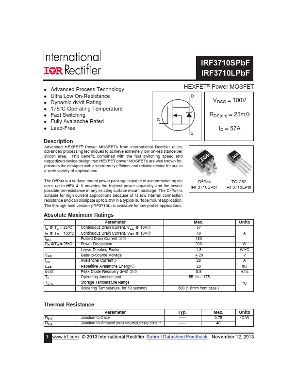 IRF3710LPBF International Rectifier