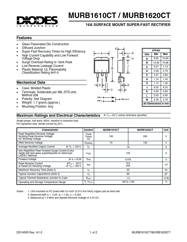 MURB1620CT Diodes Incorporated