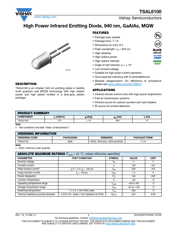 TSAL6100 Datasheet | Vishay Siliconix - Datasheetspdf.com