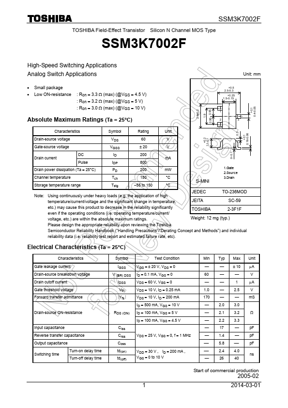 SSM3K7002F Toshiba Semiconductor