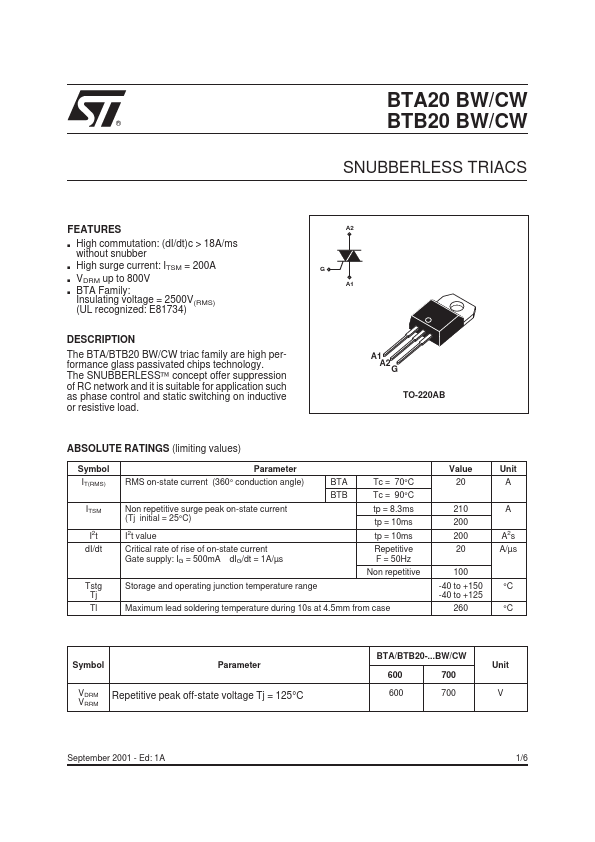 BTA20-600BW ST Microelectronics