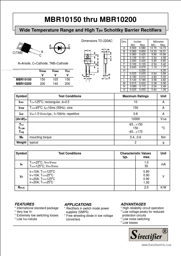 MBR10200 Sirectifier Semiconductors