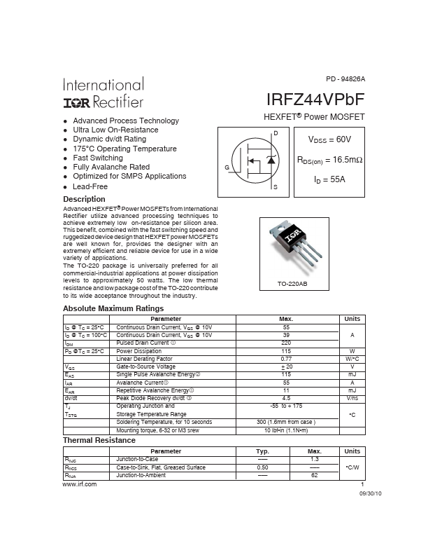 <?=IRFZ44VPbF?> डेटा पत्रक पीडीएफ