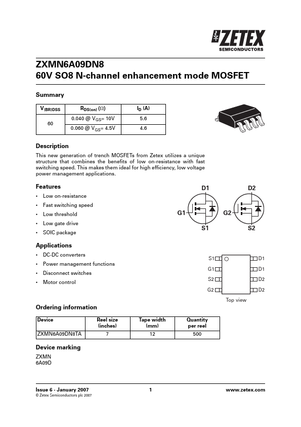 ZXMN6A09DN8 Zetex Semiconductors