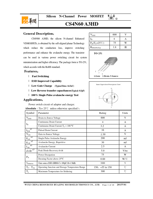 CS4N60A3HD Huajing Microelectronics