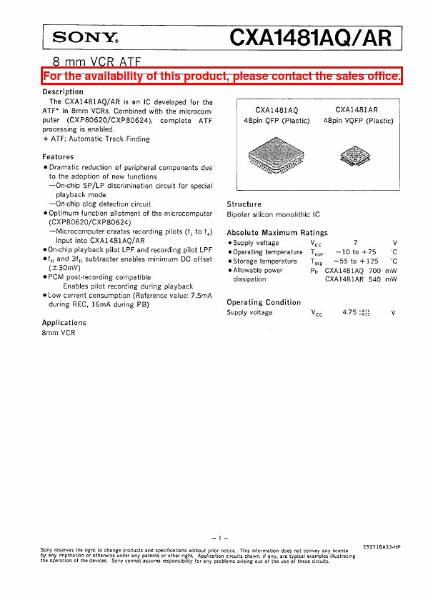 CXA1481AR Sony Corporation