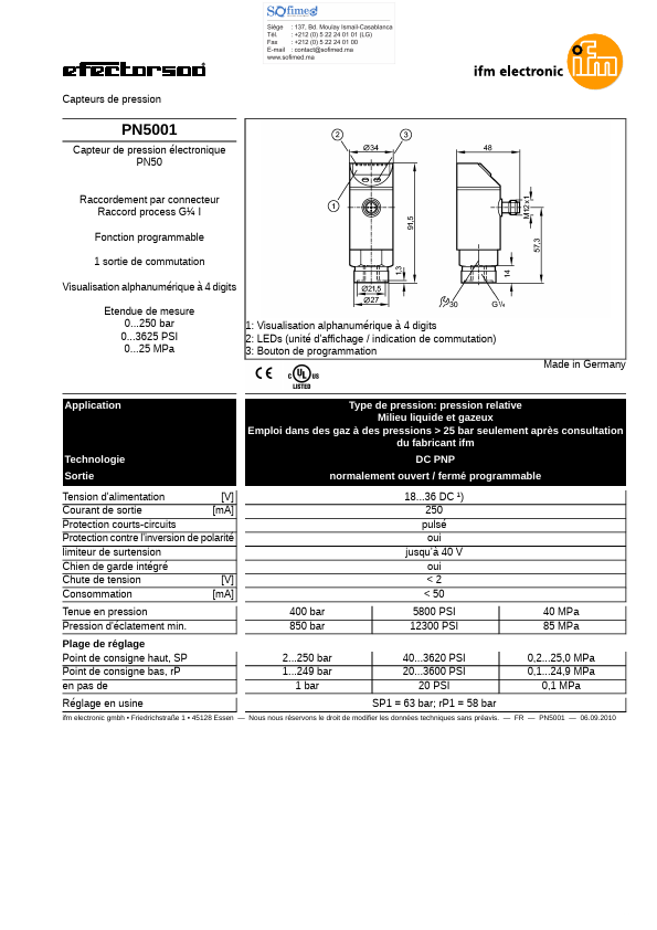 PN5001 Datasheet | Capteurs de pression