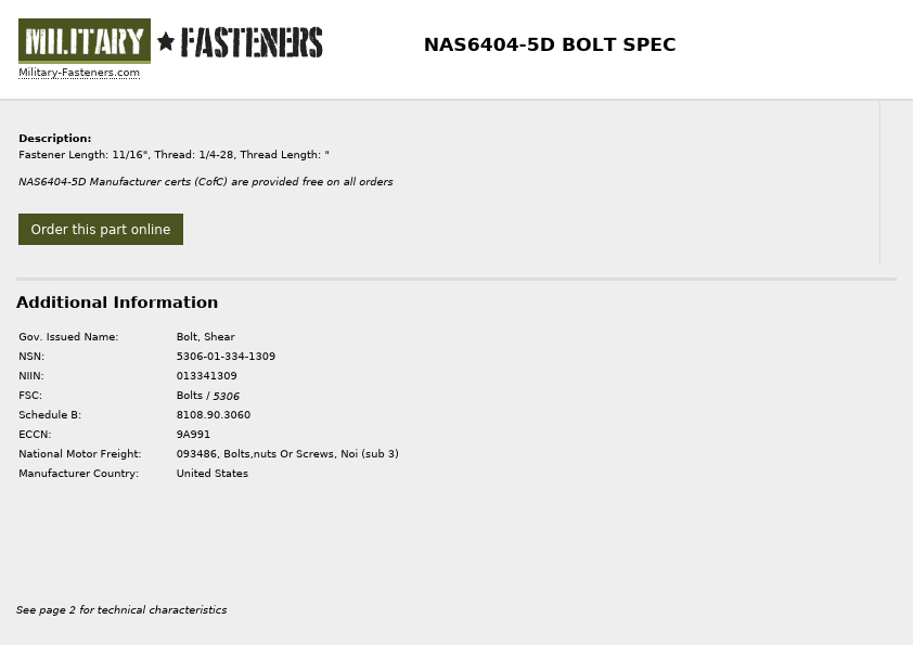 NAS6404-5D Military Fasteners