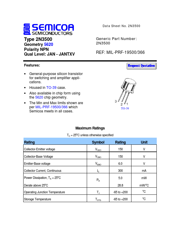 2N3500 Semicoa Semiconductor