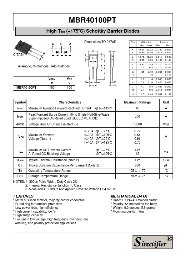 MBR40100PT Sirectifier