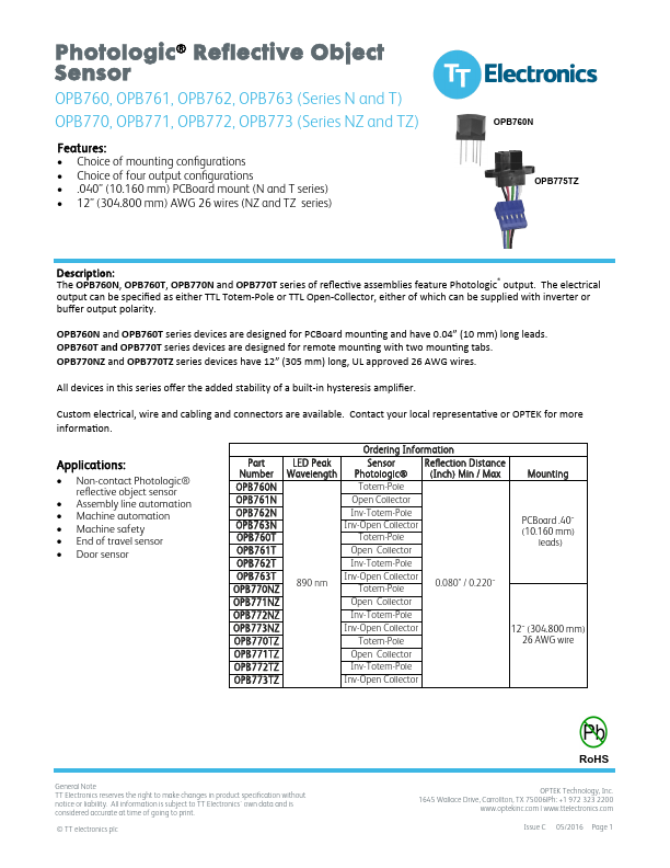 OPB771NZ TT electronics