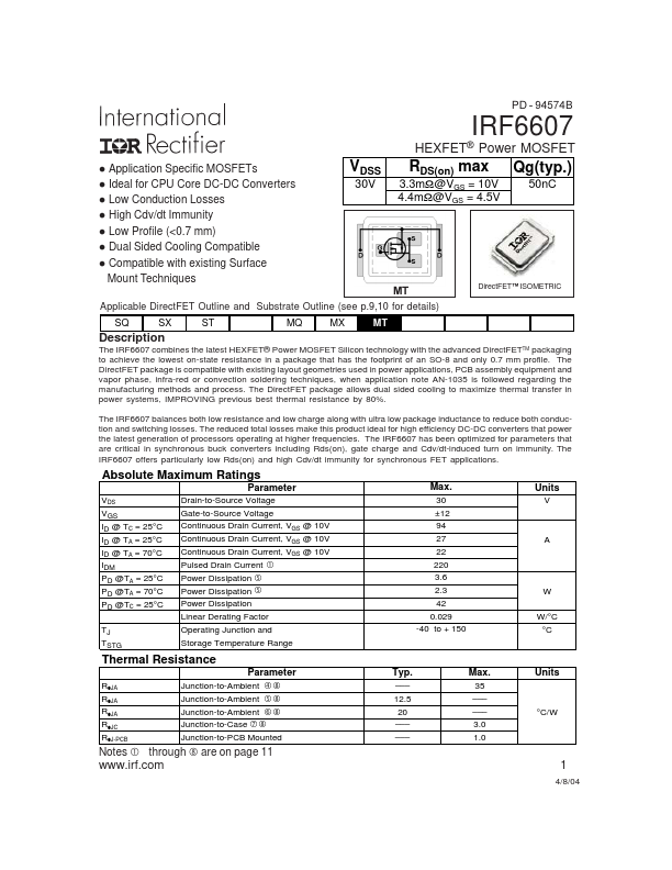 <?=IRF6607?> डेटा पत्रक पीडीएफ