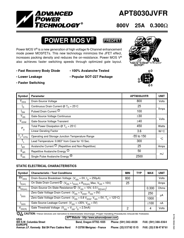 APT8030JVFR Advanced Power Technology