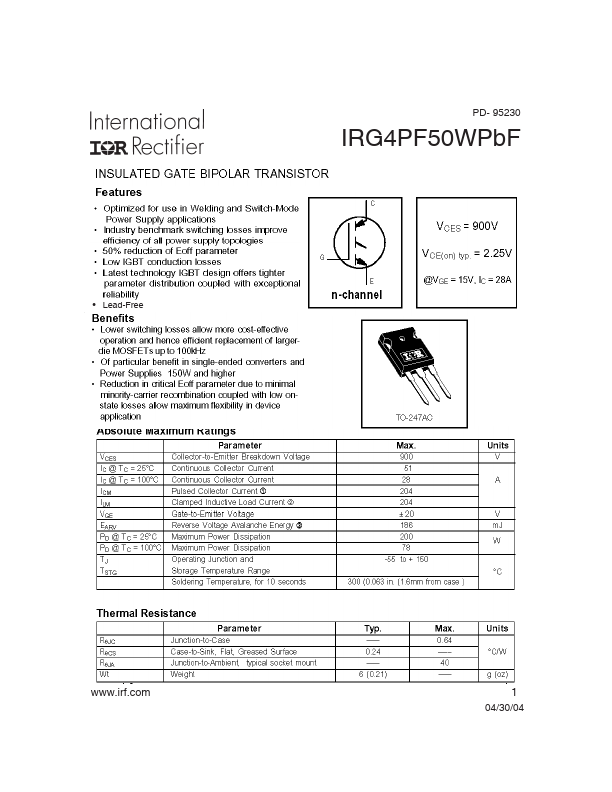 <?=IRG4PF50WPBF?> डेटा पत्रक पीडीएफ