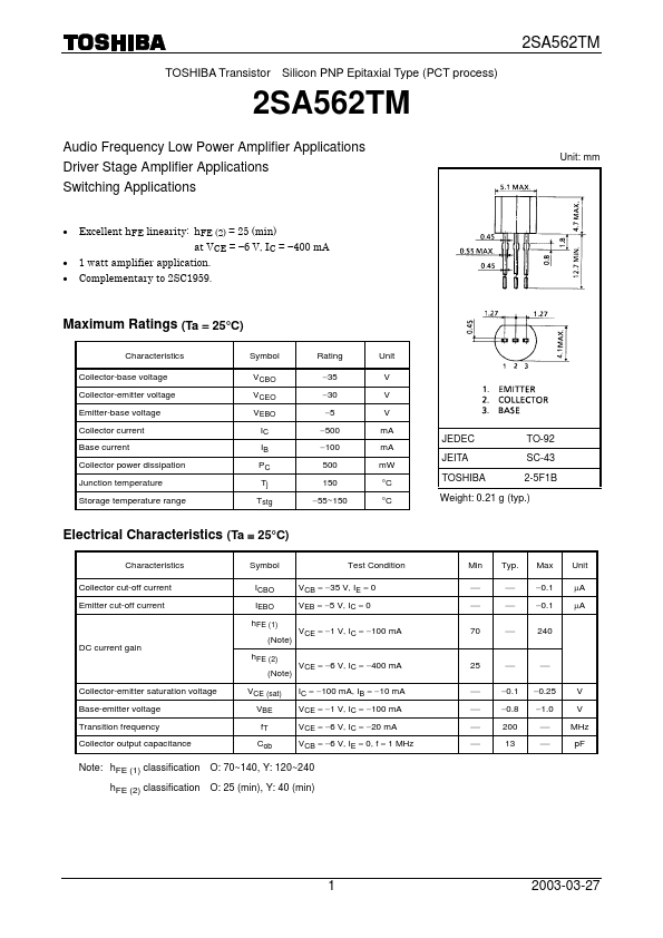 2SA562TM Toshiba Semiconductor