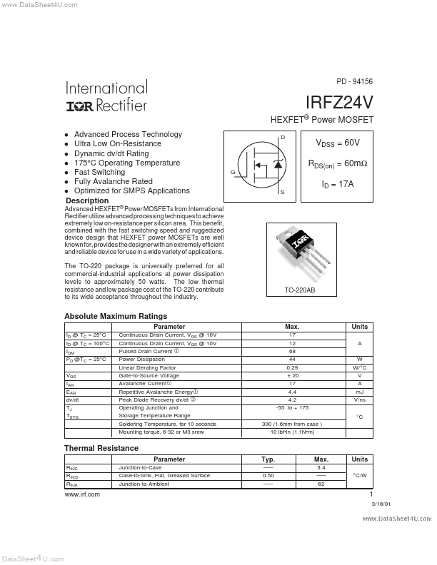 <?=IRFZ24V?> डेटा पत्रक पीडीएफ