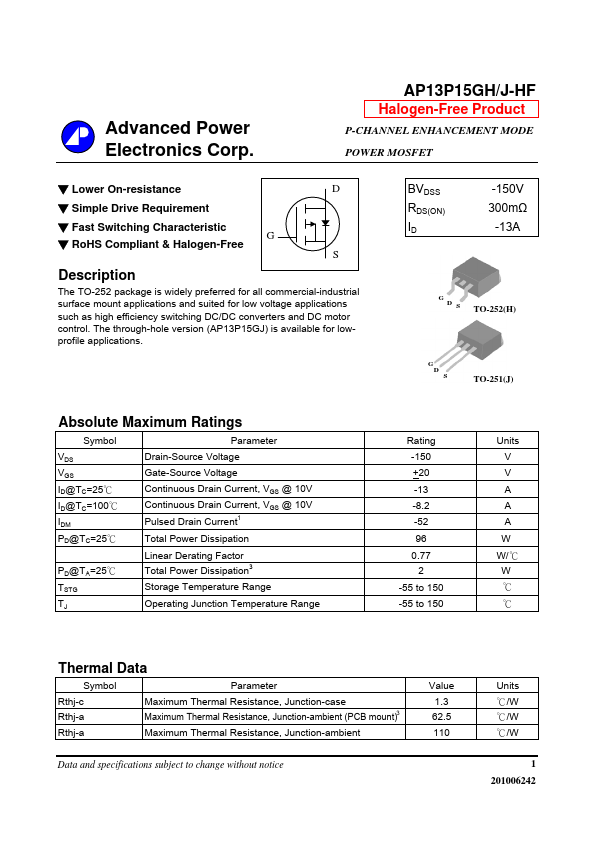 AP13P15GH-HF Advanced Power Electronics