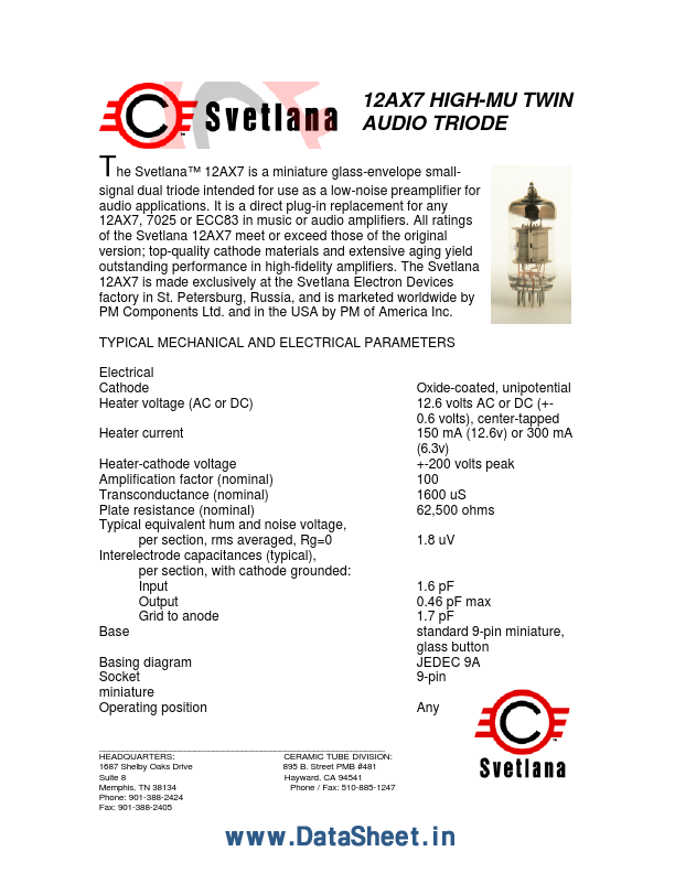 12AX7 Triode Datasheet pdf - Audio Triode. Equivalent, Catalog
