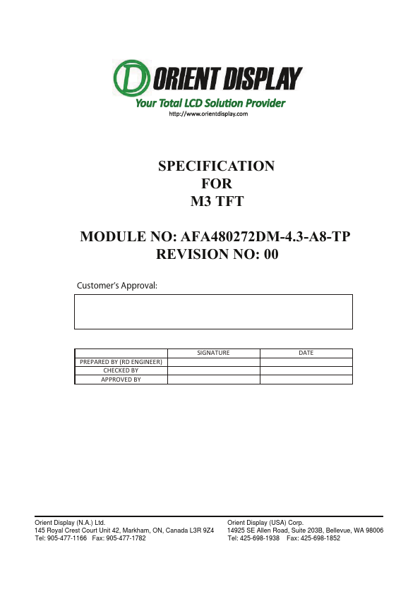 AFA480272DM-4.3-A8-TP ORIENT DISPLAY