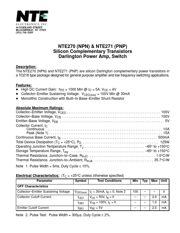 <?=NTE270?> डेटा पत्रक पीडीएफ