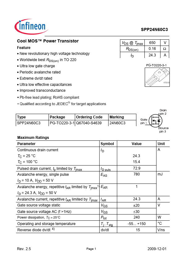 SPP24N60C3 Infineon Technologies