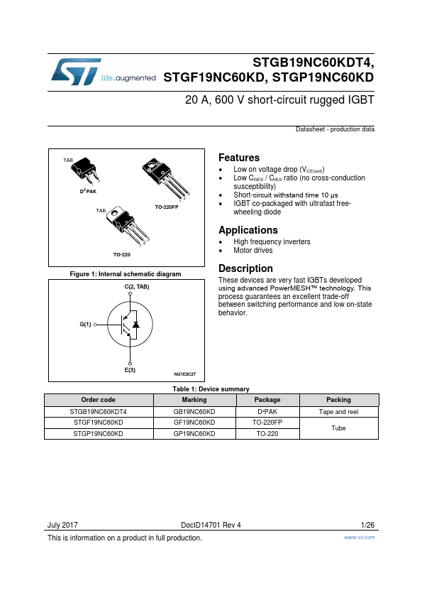 STGB19NC60KDT4 STMicroelectronics
