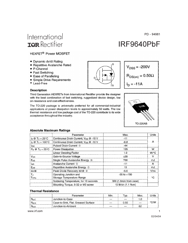 <?=IRF9640PBF?> डेटा पत्रक पीडीएफ