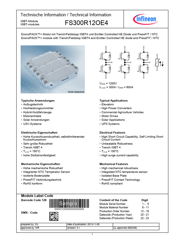 FS300R12OE4 Infineon