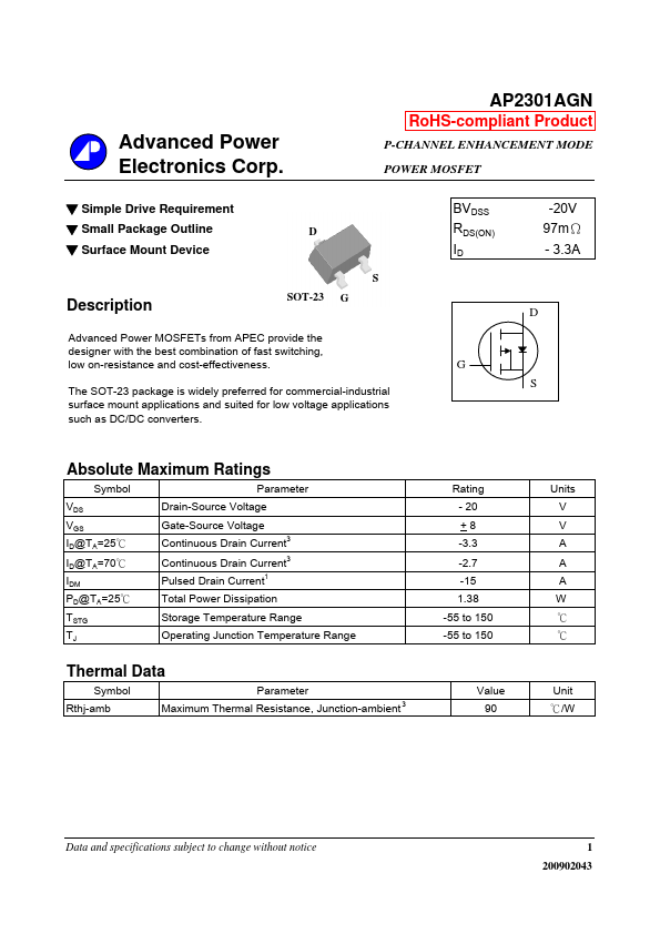 AP2301AGN Advanced Power Electronics