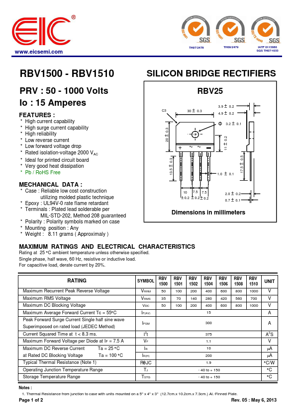 RBV1500 EIC discrete Semiconductors