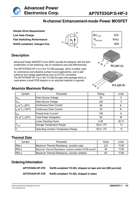 AP70T03GP-HF-3 Advanced Power Electronics