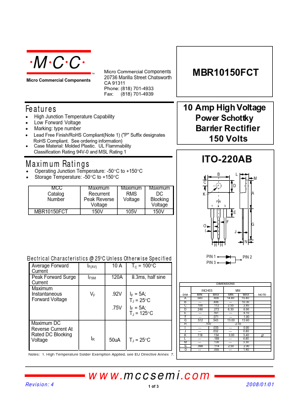MBR10150FCT MCC