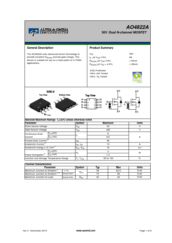 AO4822A Alpha & Omega Semiconductors