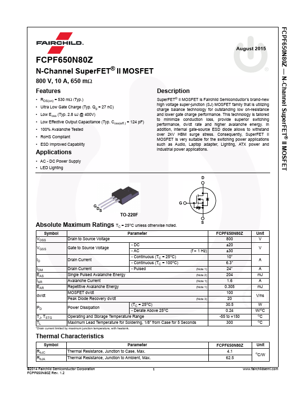 <?=FCPF650N80Z?> डेटा पत्रक पीडीएफ