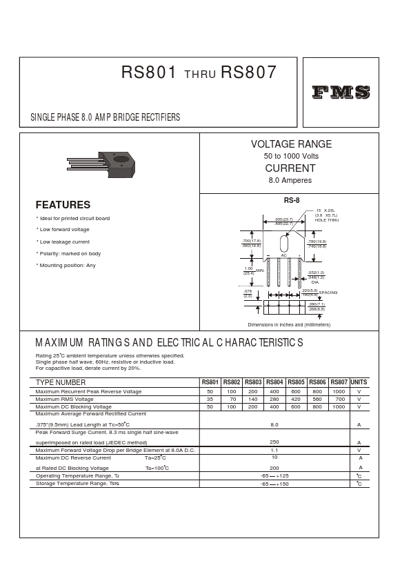 RS802 Datasheet PDF - SINGLE PHASE 8.0 AMP BRIDGE RECTIFIERS