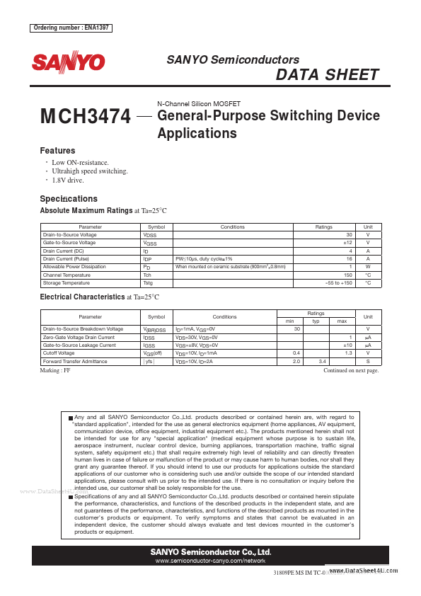 MCH3474 Sanyo Semicon Device