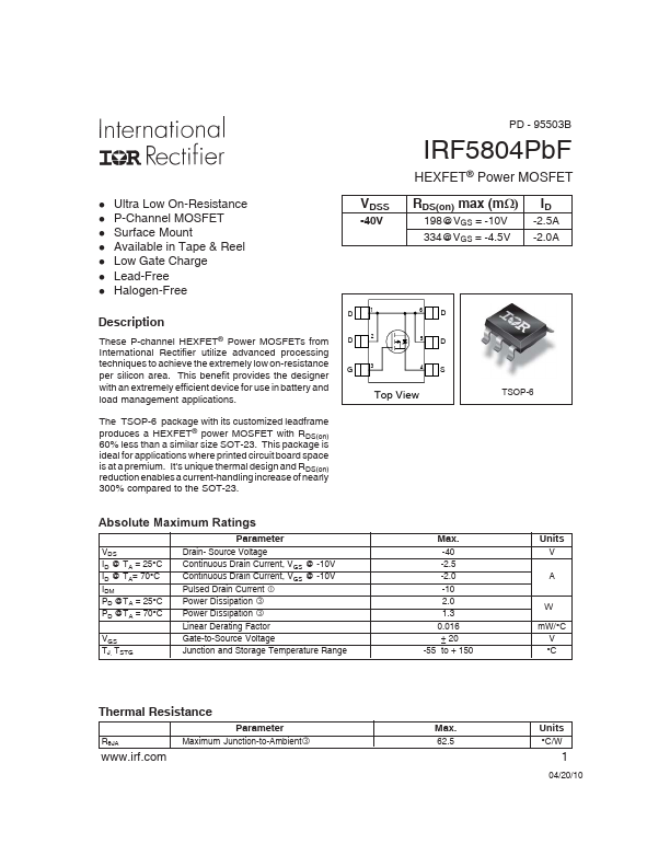 <?=IRF5804PbF?> डेटा पत्रक पीडीएफ