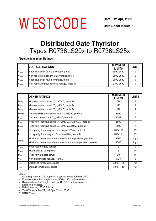 R0736LS20J Westcode Semiconductors