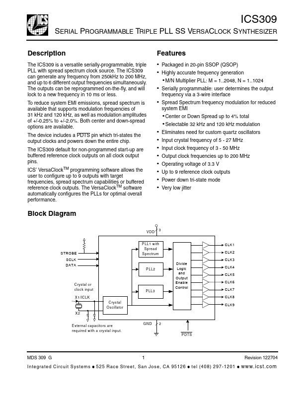 ICS309 Integrated Circuit Systems