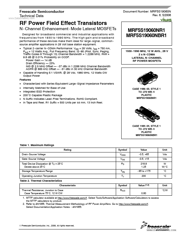 <?=MRF5S19060NBR1?> डेटा पत्रक पीडीएफ