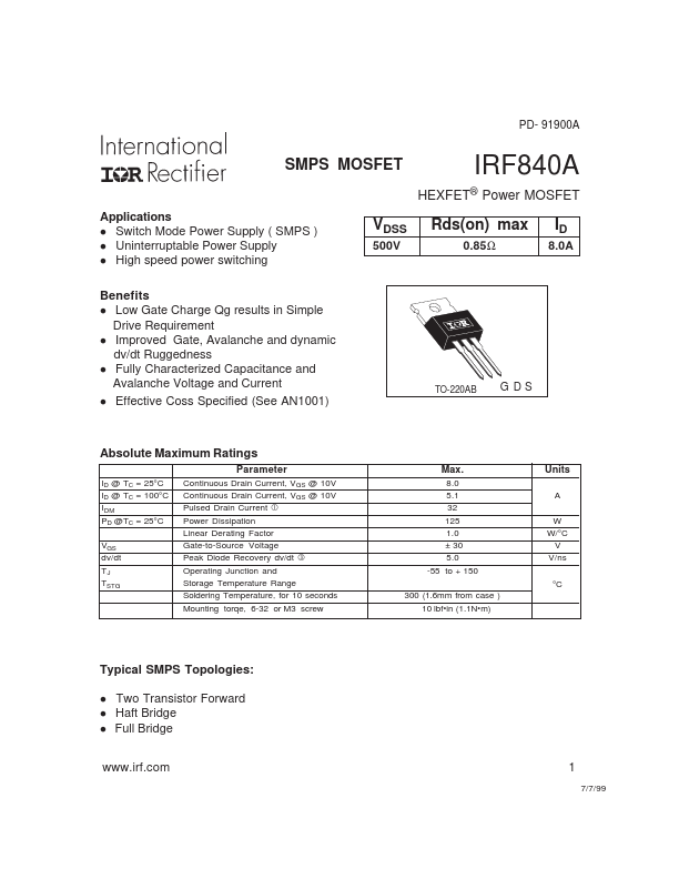 IRF840A International Rectifier