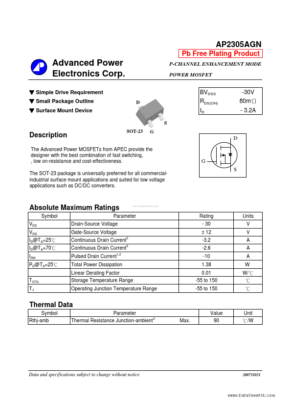 AP2305AGN Advanced Power Electronics