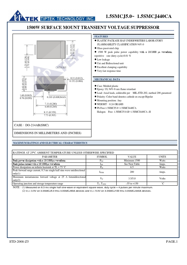 <?=1.5SMCJ8.5C?> डेटा पत्रक पीडीएफ