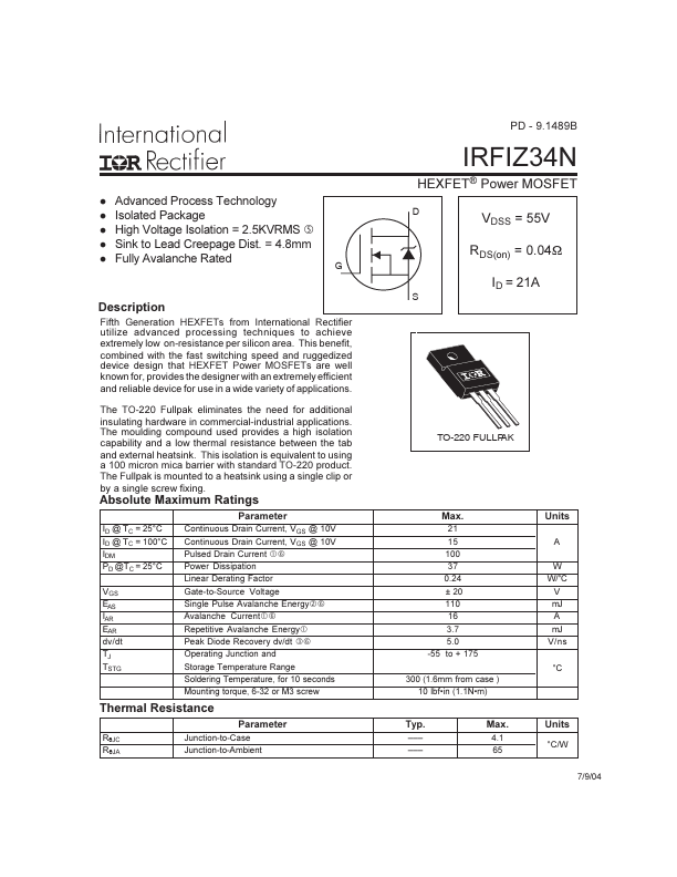 <?=IRFIZ34N?> डेटा पत्रक पीडीएफ